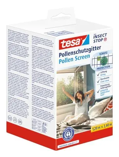 Produktbild: tesa Pollenschutzgitter - zuschneidbarer, transparenter Pollenschutz für Allergiker - für nach innen öffnende Fenster - inkl. selbstklebendem Klettband - Anthrazit - 120 cm x 240 cm