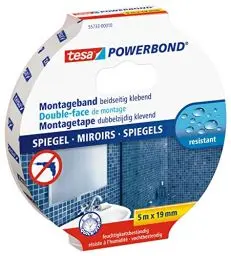 Produktbild: tesa Powerbond MIRROR - Doppelseitiges Montageband zur Fixierung von Spiegeln - Feuchtigkeitsbeständiges Klebeband für Bad und Dusche - 5 m x 19 mm