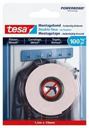 Produktbild: tesa Powerbond Montageband für Fliesen & Metall Extra Stark, mit bis zu 100 kg Haltekraft pro Meter - doppelseitiges Montageklebeband für glatte Oberflächen - 1,5 m x 19 mm