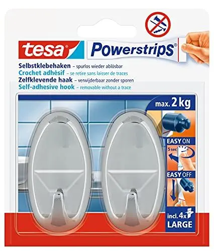 Produktbild: tesa Powerstrips Haken Large OVAL - Selbstklebender Wandhaken für Glas, Kacheln, Holz, Kunststoff und andere Untergründe - Chrom