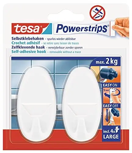 Produktbild: tesa Powerstrips Haken Large OVAL - Selbstklebender Wandhaken für Glas, Kacheln, Holz, Kunststoff und andere Untergründe - Weiß