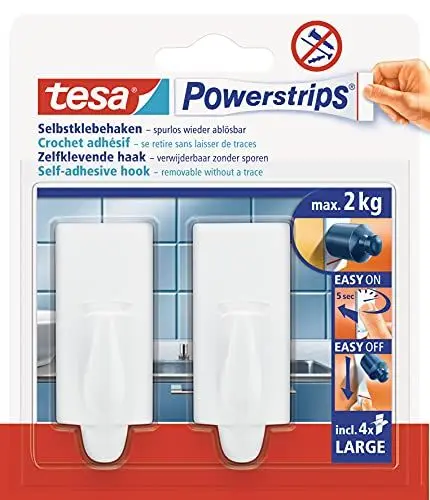 Produktbild: tesa Powerstrips Haken Large TREND - Selbstklebender Wandhaken für Glas, Kacheln, Holz, Kunststoff und andere Untergründe - Weiß 58045-00-01