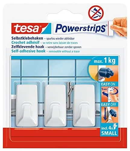 Produktbild: tesa Powerstrips Haken Small ECKIG - Selbstklebender Wandhaken für Glas, Kacheln, Holz, Kunststoff und andere Untergründe - Weiß