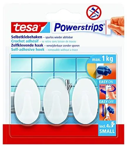Produktbild: tesa Powerstrips Haken Small OVAL - Selbstklebender Wandhaken für Glas, Kacheln, Holz, Kunststoff und andere Untergründe - Weiß