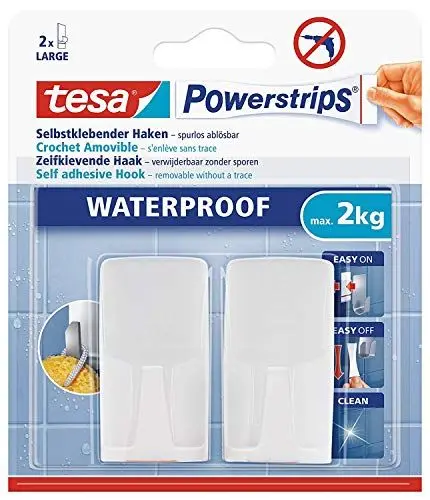 Produktbild: tesa Powerstrips Haken Waterproof Wave, weiß - selbstklebender Wandhaken für Dusche und Bad, groß - Kunststoff-Badhaken - belastbar bis 2 kg