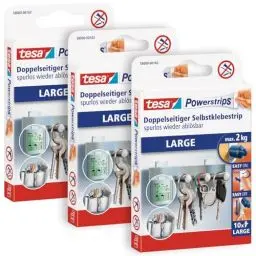 Produktbild: tesa Powerstrips Large im 3er Pack - Doppelseitige Klebestreifen zur Montage von Gegenständen auf glatten Oberflächen - Bis zu 2 kg Halteleistung - insgesamt 30 Powerstrips Weiß