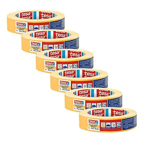 Produktbild: tesa Präzisionskrepp 4334 PLUS - 6er Pack - Professioneller Malerkrepp mit extra dünnem Papierträger - zum besonders präzisen Abkleben und Abdecken - gelb - je 50 m x 25 mm