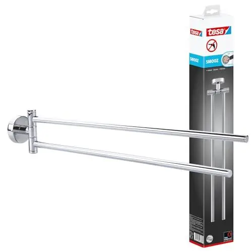 Produktbild: tesa SMOOZ Bad Handtuchhalter, 2-armig und schwenkbar, verchromt - zur Wandbefestigung ohne Bohren, inkl. Klebelösung - 50mm x 82mm x 455mm