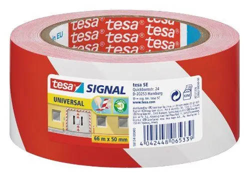 Produktbild: tesa Signal Markierungsklebeband UNIVERSAL - selbstklebendes Warnband zur permanenten Markierung und Kennzeichnung von Gefahrenzonen - aus robustem PP - 66 m x 50 mm - Rot/Weiß