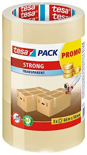 Produktbild: tesa tesapack Strong - Geräuscharmes Paketklebeband zum Verpacken von Paketen und Versandschachteln - transparent - 3 Rollen je 66 m: 50mm