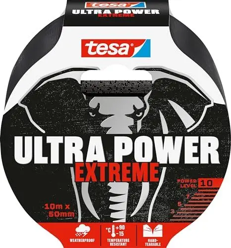 Produktbild: tesa Ultra Power Extreme Repairing Tape – Reparaturband mit extra starkem Halt auch auf rauen Oberflächen – wetterbeständig und handeinreißbar – 10 m x 50 mm