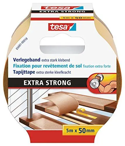 Produktbild: tesa Verlegeband extra stark klebend - Doppelseitiges Klebeband zum Verlegen von Teppich und PVC-Belag - doppelseitig klebend - Mehrfarbig - 5 m x 50 mm