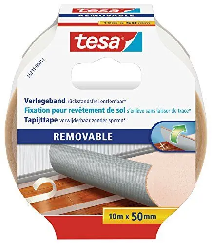 Produktbild: tesa Verlegeband rückstandsfrei entfernbar - Gewebeverstärktes, doppelseitiges Klebeband zum Verkleben von Teppich- und PVC-Bodenbelägen - 10 m x 50 mm