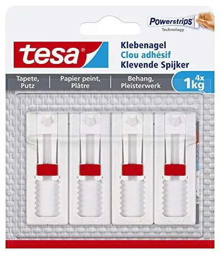 Produktbild: tesa Verstellbarer Klebenagel (für Tapeten und Putz 1 kg, Höhenverstellbarer, selbstklebender Wandnagel, bis zu 1 kg Halteleistung pro Nagel) 4er Pack