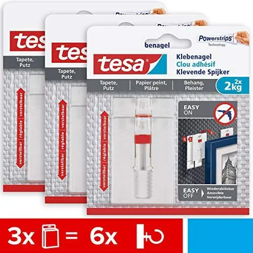 Produktbild: tesa Verstellbarer Klebenagel für Tapeten und Putz 2 kg im 3er Pack - Höhenverstellbarer, selbstklebender Wandnagel - Bis zu 2 kg Halteleistung pro Nagel - 3 x 2 Klebenägel