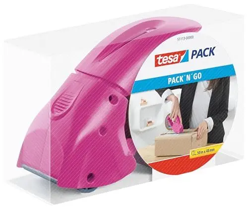 Produktbild: tesa tesapack Abroller Pack' n' Go - Ergonomischer, pinker Handabroller für Paketbänder - Inklusive 50 m x 48 mm Klebeband