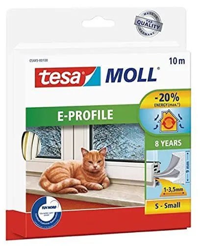 Produktbild: tesamoll E-Profil Gummidichtung - Selbstklebende Dichtung zum Isolieren von Spalten an Fenstern und Türen - Weiß - 10 m x 9 mm x 4 mm