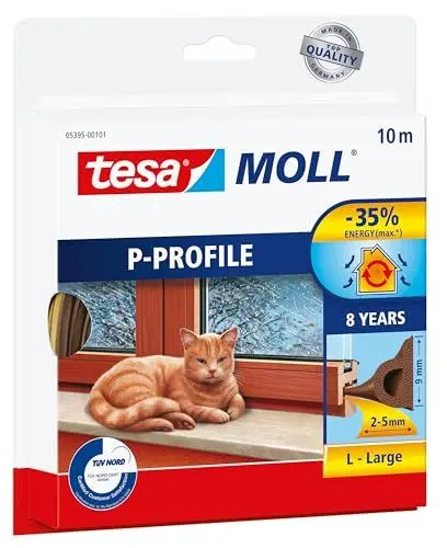 Produktbild: tesamoll P-Profil Gummidichtung - Selbstklebende Dichtung zum Isolieren von Spalten an Fenstern und Türen - Braun - 10 m x 9 mm x 5,5 mm