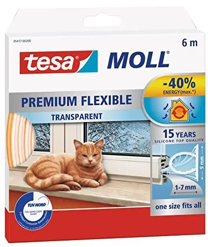 Produktbild: tesamoll Premium Flexible - Selbstklebende Silikondichtung zum Isolieren von Spalten an Fenstern und Türen - Transparent - 6 m x 9 mm x 7 mm