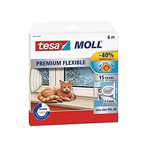 Produktbild: tesamoll Premium Flexible - Selbstklebende Silikondichtung zum Isolieren von Spalten an Fenstern und Türen - Weiß - 6 m x 9 mm x 7 mm