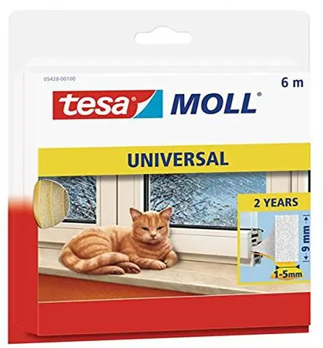 Produktbild: tesamoll Universal Schaumstoff - Schaumstoffdichtung zum Isolieren von Spalten im Haushalt, selbstklebend - Weiß - 6 m x 9 mm x 5,5 mm
