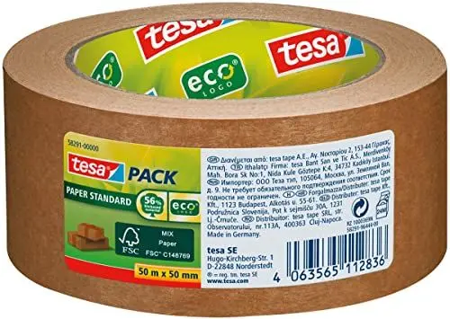 Produktbild: tesa tesapack Papier Standard - Umweltschonendes Paketband aus Papier, 56% biobasiertes Material - Effizient und recyclingfreundlich - Braun - 50 m x 50 mm