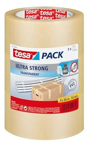 Produktbild: tesapack Ultra Strong - PVC-Klebeänder für festes Verpacken und sicheres Bündeln - Transparent - 66 m x 50 mm, 3er-Pack