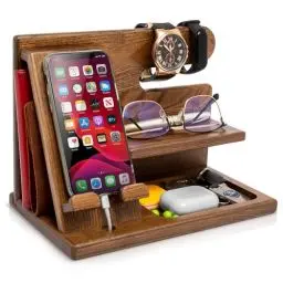 Produktbild: TESLYAR Holz Telefon Dockingstation Männer Esche Beige - Schreibtisch Organizer Holz, Handy & Schlüssel Organizer - Geschenkideen für Männer | Nachttisch | Handyständer | Handy Zubehör