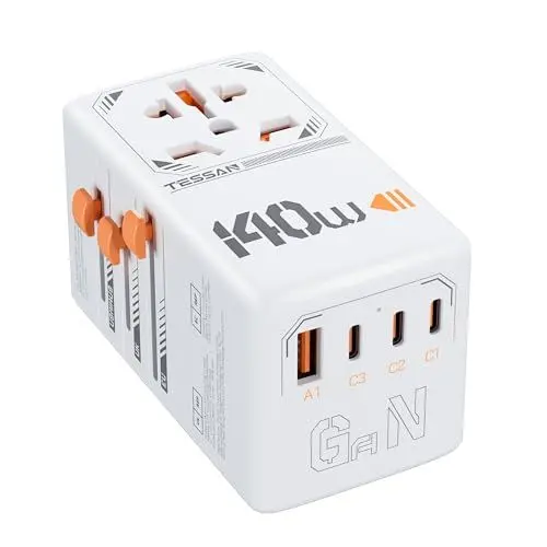 Produktbild: TESSAN 140W GaN Reiseadapter Weltweit, Schnellladung Adapter, Reisestecker Weltweit mit 3 USB C, 1 USB A, Travel Adapter für EU US UK Italien Japan Thailand Australien Kanada