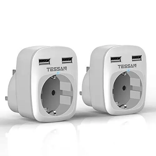 Produktbild: TESSAN 2er Pack Adapter England Deutschland Stecker, 3 in 1 Steckdosenadapter England mit USB C und USB A, 3250W UK Adapter, Stromadapter für Irland Malta Schottland Dubai, Reiseadapter Typ G