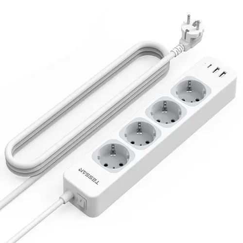 Produktbild: TESSAN 4 Fach Mehrfachsteckdose mit USB C und 2 USB A, 7 in 1 Steckdosenleiste Verlängerungskabel 2M, Mehrfachstecker mit Schalter, 3600W Verteilersteckdose Steckerleiste, Grau
