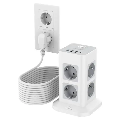 Produktbild: TESSAN 8 Fach Mehrfachsteckdose mit USB C und 3 USB A, Verlängerungskabel 10M Verteilersteckdose, Steckdosenleiste Überspannungsschutz, Mehrfachstecker mit Schalter für Zuhause, Steckdosenturm 3600W