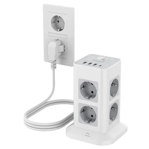 Produktbild: TESSAN 8 Fach Mehrfachsteckdose mit USB C und 3 USB A, Verteilersteckdose Verlängerungskabel 3M, Steckdosenleiste Überspannungsschutz, Mehrfachstecker mit Schalter für Zuhause, Steckdosenturm 3600W