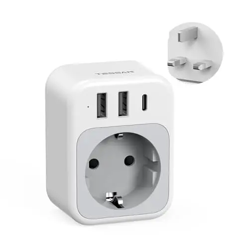 Produktbild: TESSAN Adapter England Deutschland Stecker, UK Adapter mit 1 USB C und 2 USB A, Reiseadapter UK Tragbare, Steckdosenadapter Stromadapter für London Schottland Malediven Malta, Reisestecker Typ G