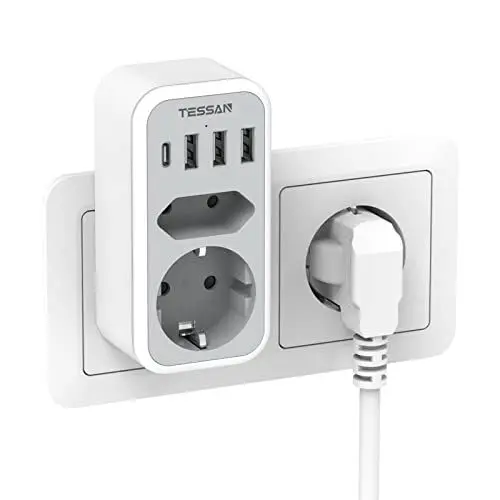 Produktbild: TESSAN Doppelstecker für USB C Steckdose, Mehrfachsteckdose mit 4 USB Netzstecker, Steckdosenadapter 2Fach Stecker, Mehrfachstecker für Steckdose, Steckdosenverteiler 3600W, Netzteil Steckdosen