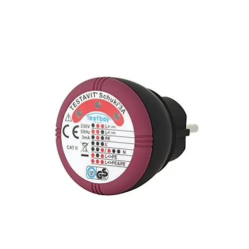 Produktbild: Testavit Schuki 3A Steckdosenprüfgerät (Glimmlampen Anzeige, 230 V, Schutzart IP 40, sichere Überprüfung, Spannungsversorgung über Testgerät), Rot/Schwarz
