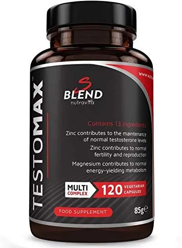 Produktbild: TESTOMAX für Männer - 120 Kapseln - Laborgetestet - 13 leistungsstarke aktive Inhaltsstoffe & Vitamine - Zink, Maca-Wurzel, Bockshornklee, Ginseng - Nutravita