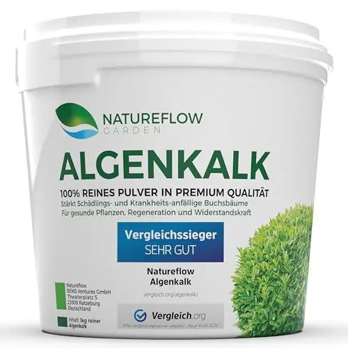 Produktbild: TESTSIEGER Bio Algenkalk für Buchsbäume – Widerstandskraft und Regeneration für anfällige Buchsbäume (Buchsbaumzünsler) - Premium Buchsbaum Dünger und Spritzmittel - Buchsbaumdünger 1kg﻿