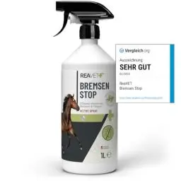 Produktbild: TESTURTEIL SEHR GUT ReaVET Bremsen Stop **TESTSIEGER** Fliegenspray Pferde 1L mit pflegender AloeVera, Insektenspray mit Sofortschutz & Pferdepflege, Bremsenspray Bremsenblocker gegen Fliegen