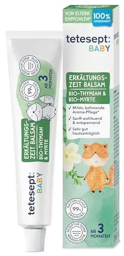 Produktbild: tetesept Baby Erkältungszeit Balsam – 30 ml - Aromaöle Bio-Thymian und Bio-Myrte für einen befreienden Duft-Effekt – Wohltuende, milde Aroma Pflege für Babys ab 3 Monaten