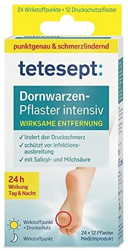 Produktbild: tetesept Dornwarzen Pflaster Intensiv – Dornwarzenpflaster zur wirksamen Entfernung – effektiv mit Milch- und Salicylsäure – 2x12 Wirkstoffpunkte + 12 Druckschutzpflaster
