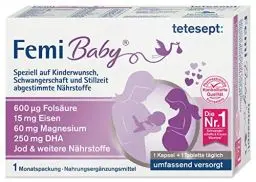 Produktbild: tetesept Femi Baby – 16 Nährstoffe für Kinderwunsch, Schwangerschaft & Stillzeit – mit Folsäure, Eisen, Jod + DHA – 1 x Monatspackung à 30 Tabletten + 30 Kapseln