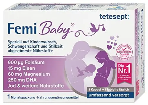 Produktbild: tetesept Femi Baby – 16 Nährstoffe für Kinderwunsch, Schwangerschaft & Stillzeit – mit Folsäure, Eisen, Jod + DHA – 1 x Monatspackung à 30 Tabletten + 30 Kapseln