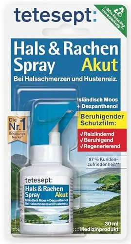 Produktbild: tetesept Hals & Rachen Spray - Spray mit Isländisch Moos und Dexpanthenol - zur Befeuchtung & Linderung bei Halsschmerzen, Husten und Heiserkeit - 1 x 30 ml