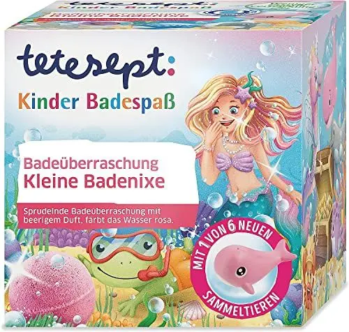 Produktbild: tetesept KIDS Badeüberraschung Kleine Badenixe – Sprudelnde Badekugel mit Meerestier-Sammelfigur – Rosa Sprudelspaß und hautpflegende Rezeptur – 1 x 140 g