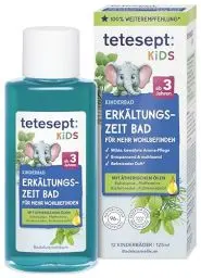 Produktbild: tetesept Kids Erkältungszeit Bad – Kinderbad für die kalte Jahreszeit mit 4 ätherischen Ölen – Wohltuender Badezusatz zur Entspannung und Durchwärmung – 1 x 125 ml