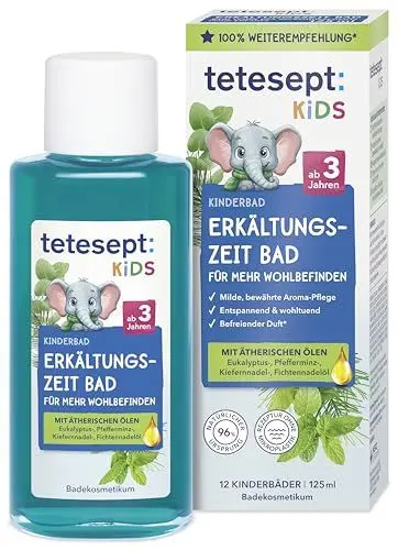 Produktbild: tetesept Kids Erkältungszeit Bad – Kinderbad für die kalte Jahreszeit mit 4 ätherischen Ölen – Wohltuender Badezusatz zur Entspannung und Durchwärmung – 1 x 125 ml