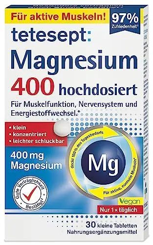 Produktbild: tetesept Magnesium 400 hochdosiert – Nahrungsergänzungsmittel mit Magnesium – leicht schluckbare Magnesium Tabletten für aktive, normale Muskeln*– 1 x 30 Tabletten