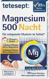 Produktbild: tetesept Magnesium 500 Nacht – Nahrungsergänzungsmittel mit hochdosiertem Magnesium – entspannte Muskeln im Schlaf mit Magnesium Tabletten