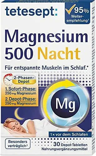 Produktbild: tetesept Magnesium 500 Nacht – Nahrungsergänzungsmittel mit hochdosiertem Magnesium – entspannte Muskeln im Schlaf mit Magnesium Tabletten